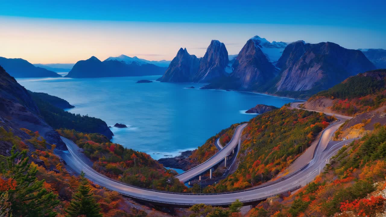 Stunning Autumn Landscape with Winding Road, Fjord, and Mountains
