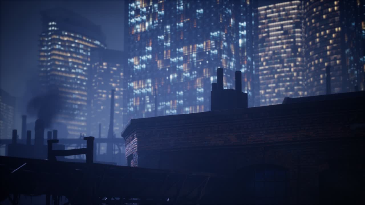 ビジネスセンターの高層ビルと 工場のパイプが 空気を汚染しています