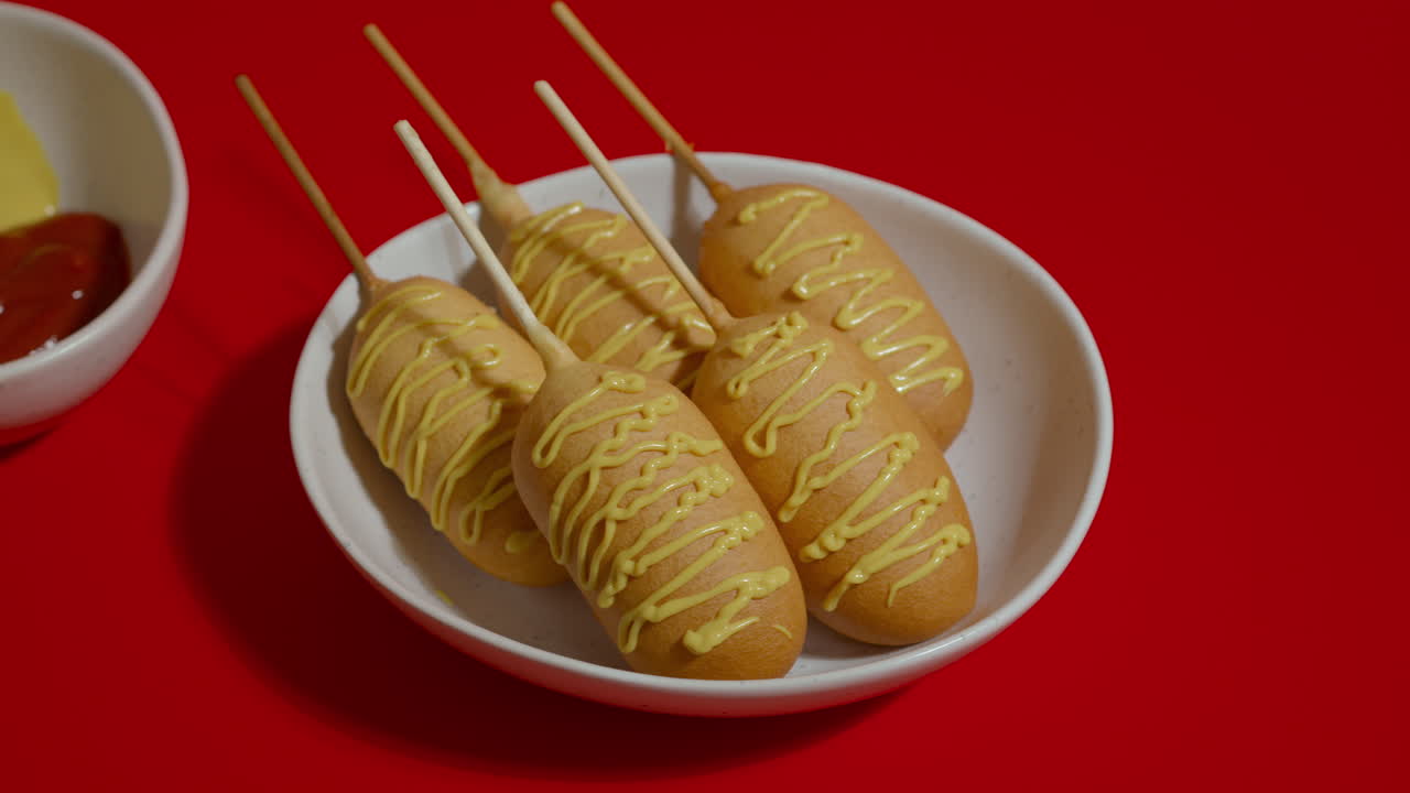 ⁇ 색 접시와 소스와 함께 다섯 개의 옥수수 강아지의  ⁇ 은 배경의 움직이는  ⁇ .