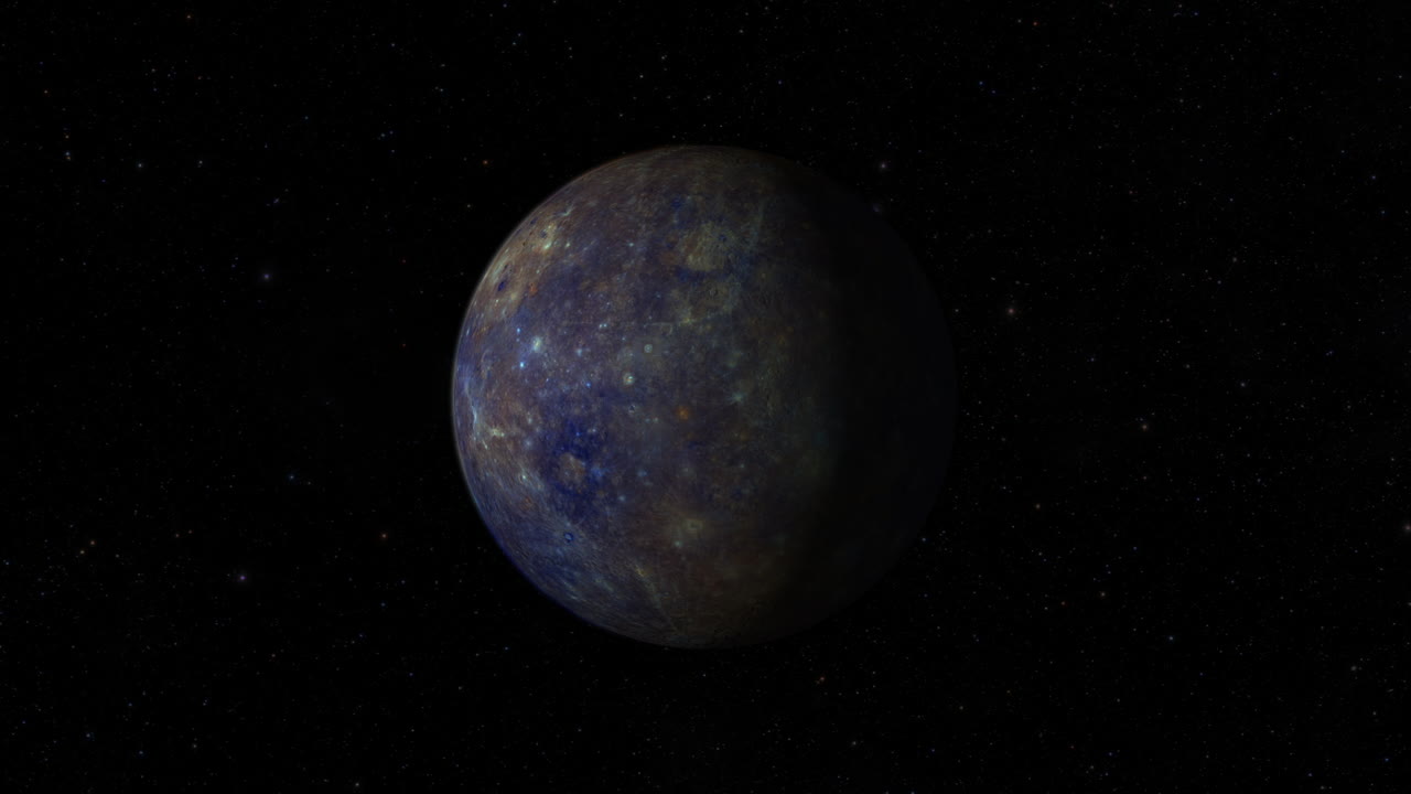 CGI composite: zooming in to planet Mercury rotating, half lit with a starry background