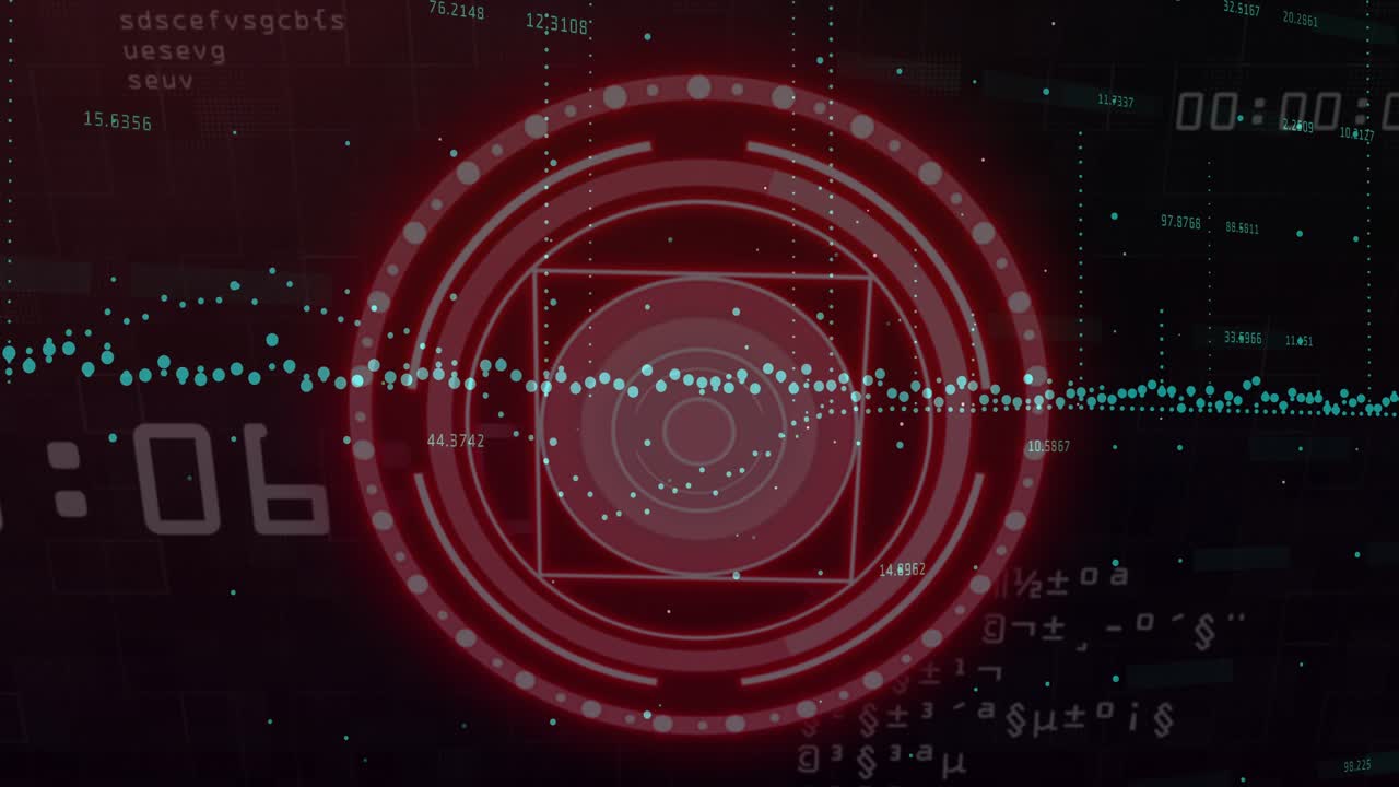 Red HUD pulsing, rotating while left-side counter advancing, turquoise wave shifting for tech UI