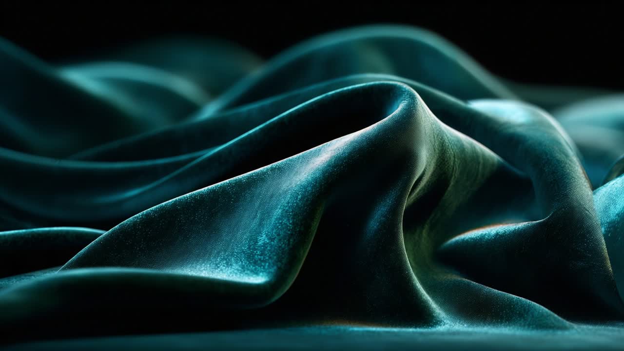 Udforsk elegancen i dybblågrøn silke: En visuel rejse gennem de bløde, bølgende teksturer og lysets spil på luksuriøst stof, der fanger dets flow og bevægelse