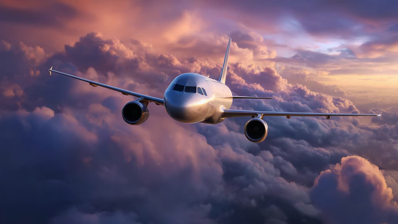 Un maestoso aereo di linea solca un cielo vivido, pieno di nuvole colorate, catturando l'essenza del volo e dell'avventura sullo sfondo di un orizzonte mozzafiato al tramonto.