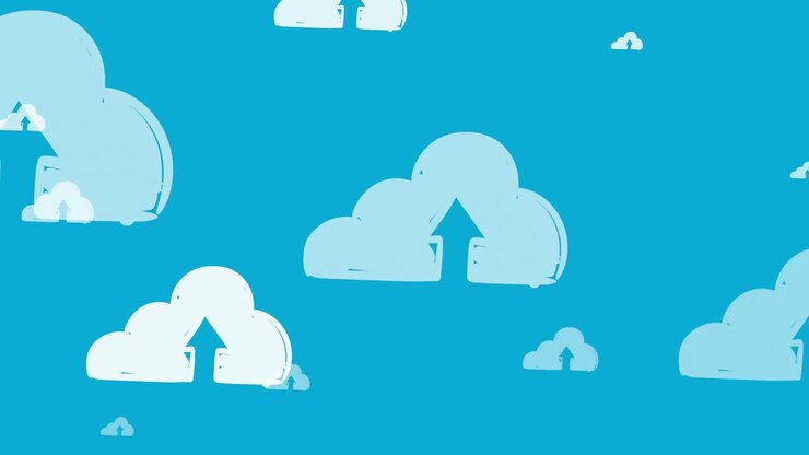 Animation of online white cloud icons with arrows pointing up moving on blue background