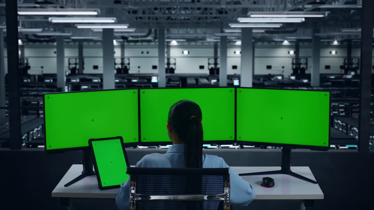 태블릿과 여러 컴퓨터 모니터로 작업하는 아시아 여성의 뒷모습 데이터 센터에서 모의 녹색 화면
