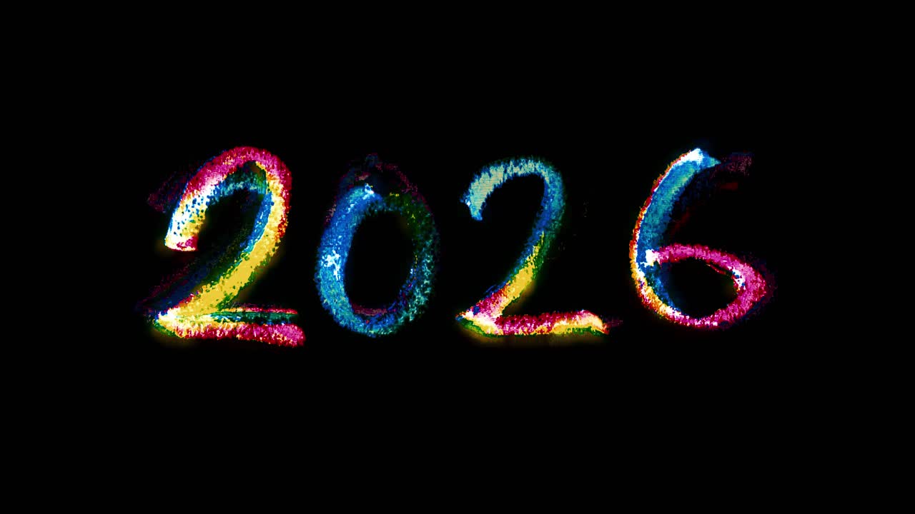 Titolo 2026 scritto in stile schizzo a matita colorata, introduzione animata e chiara del testo per riepiloghi, conto alla rovescia e annunci