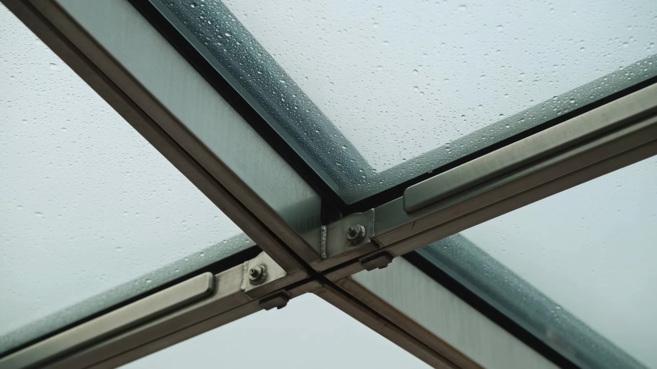 Detailed underside view of a metal-framed skylight corner showing brushed metal braces, bolts and silicone seals with raindrops and streaks on the exterior