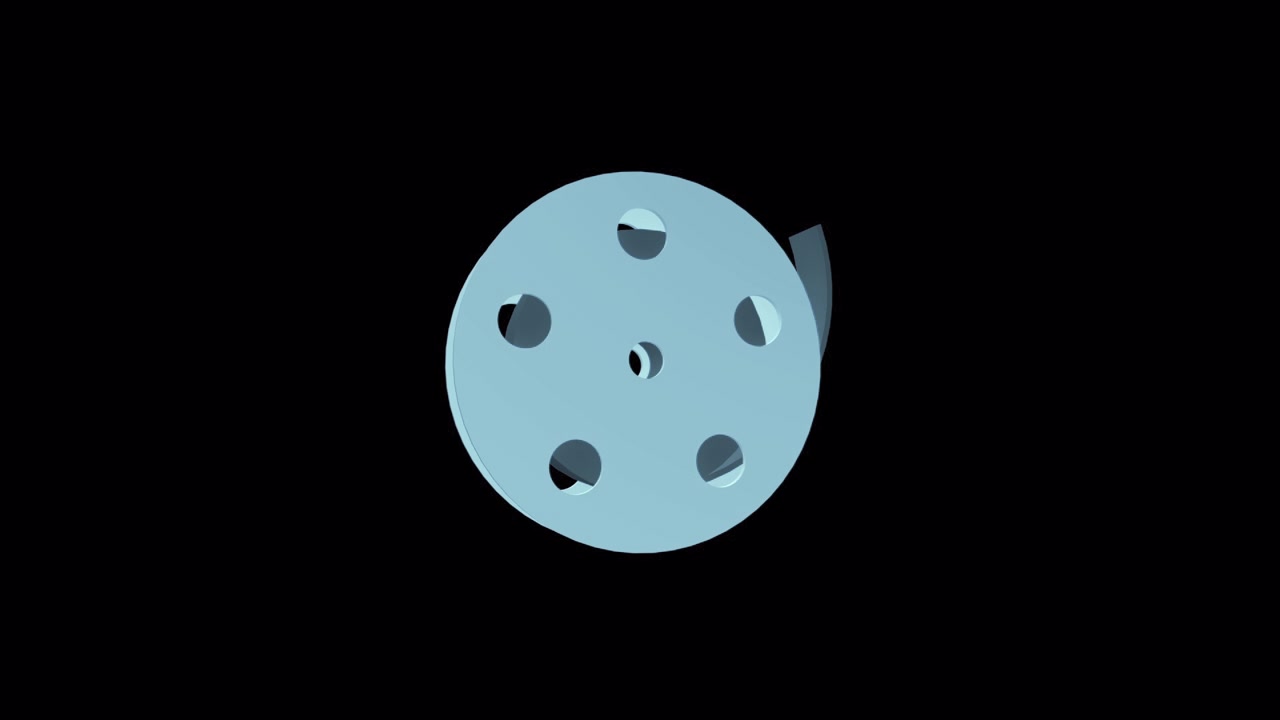 Bobina di pellicola 3D azzurra che ruota e si srotola su sfondo nero.