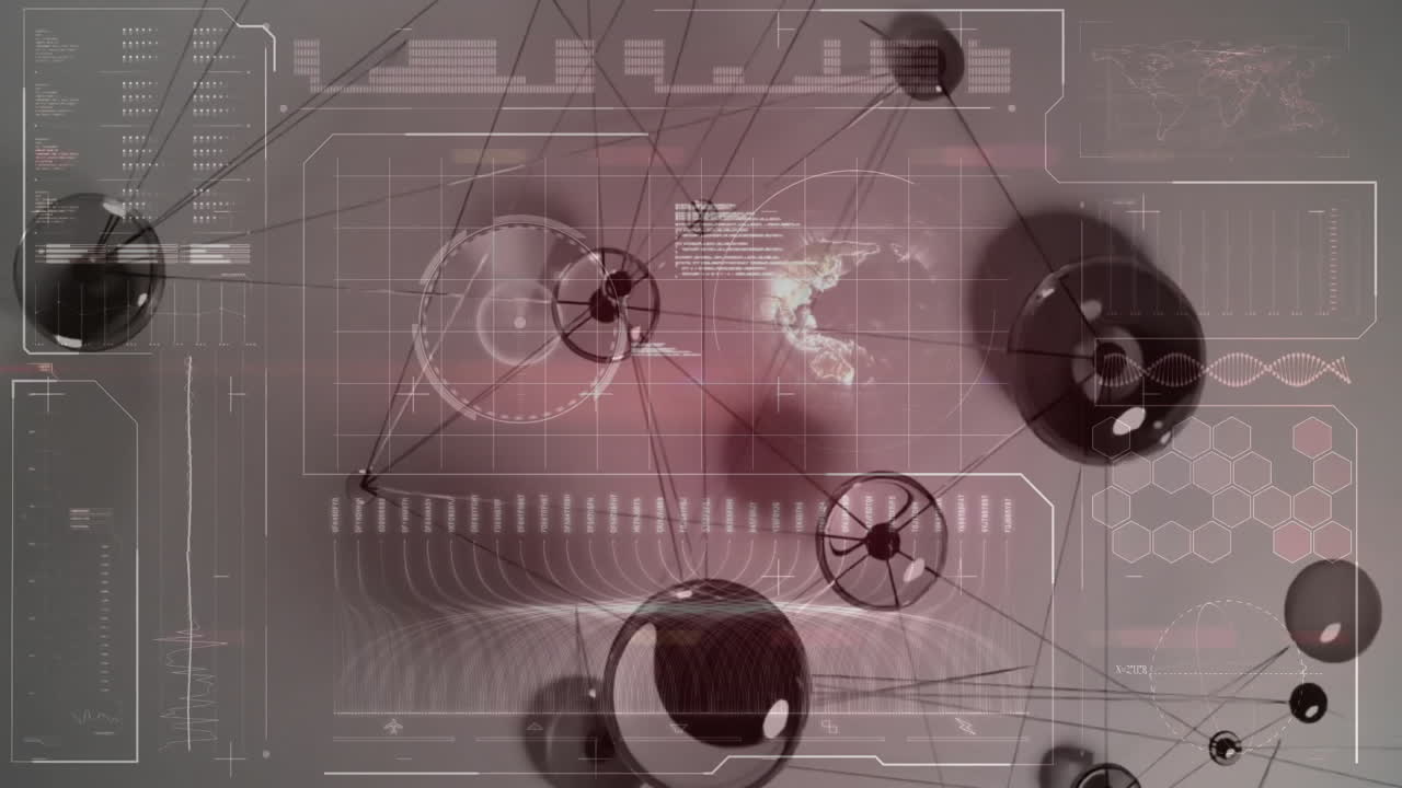 Spherical network nodes connecting lines animating in flat design UI featuring HUD charts waveform