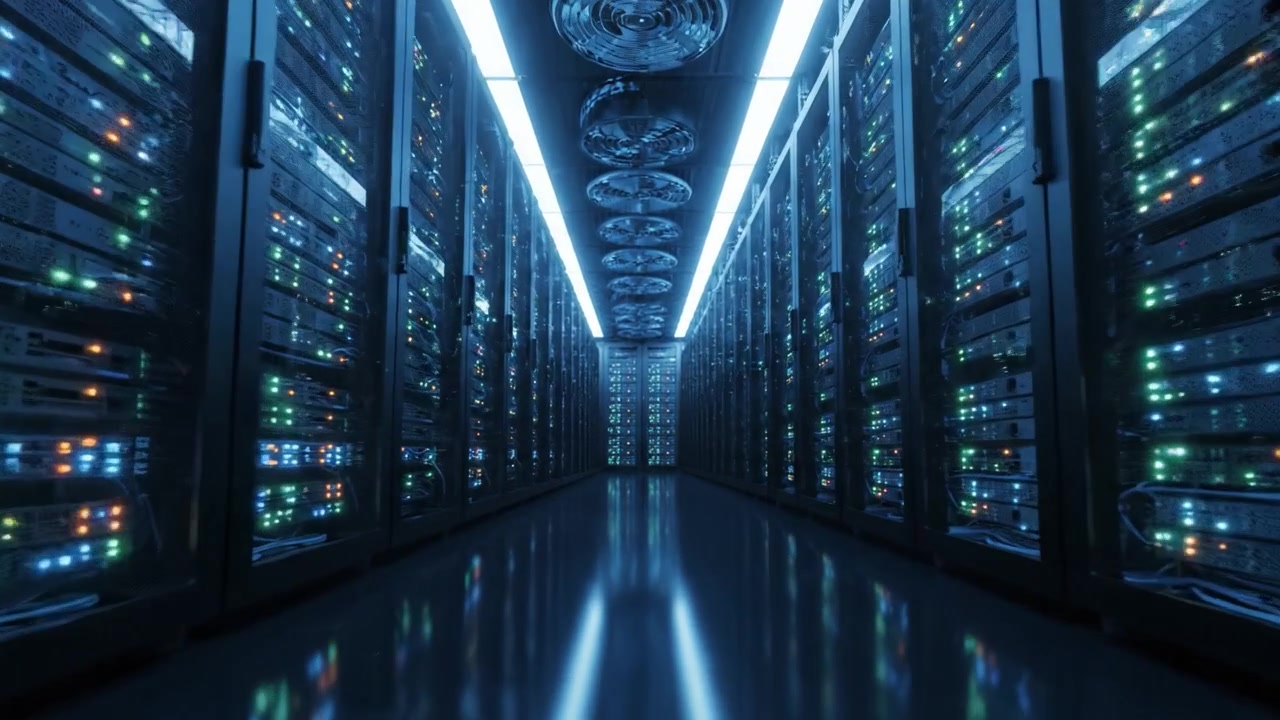 A Glimpse Inside a High-Tech Data Center: Illuminated Server Racks and Cutting-Edge Technology in a Modern Infrastructure Environment