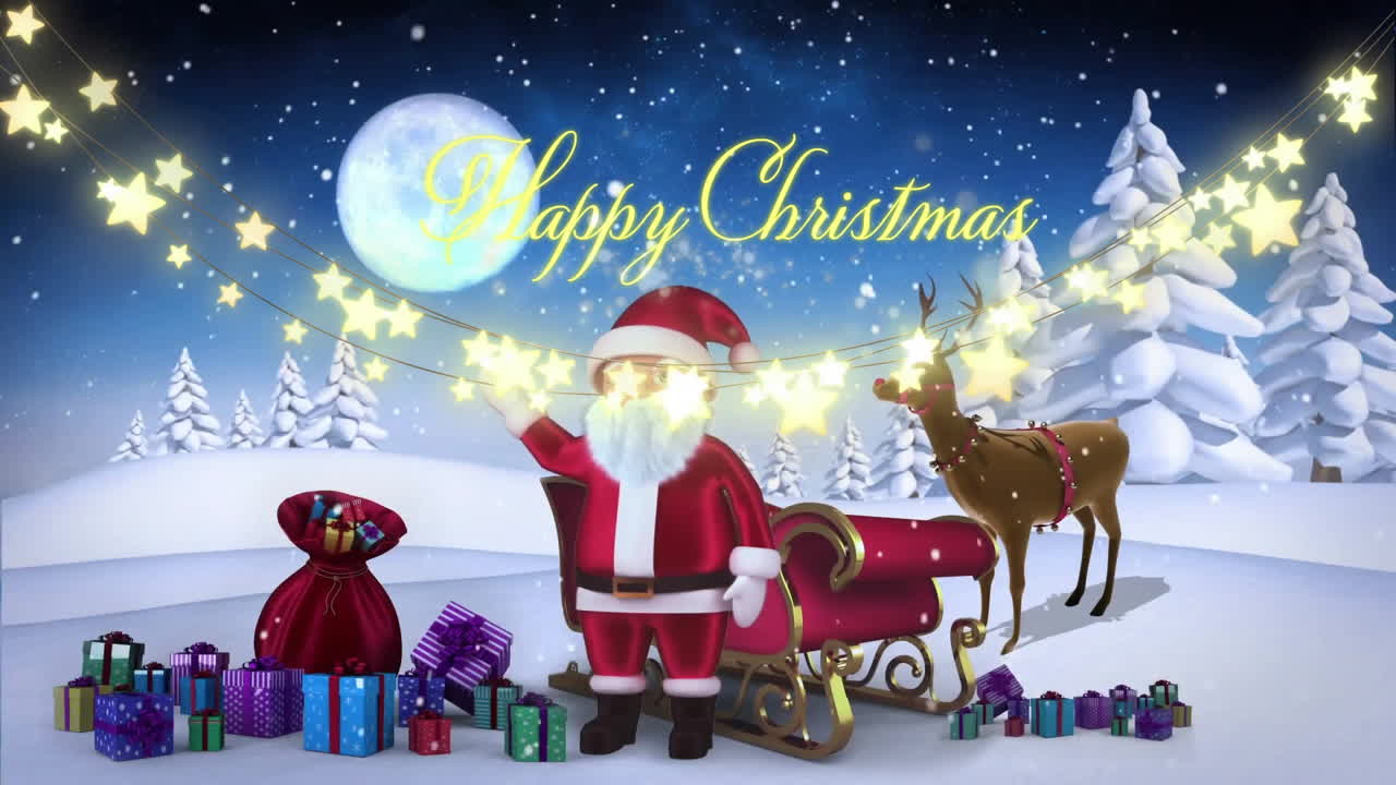 Santa Claus waving beside sleigh with gifts and reindeer, animation for Christmas