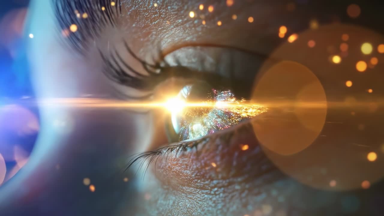 Close-up video concept of an eye reflecting light and bokeh, shot from a side angle