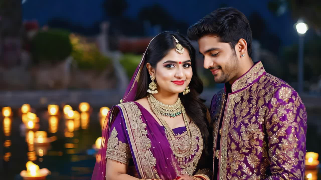 Romantic indian couple celebrating their wedding during diwali night, wearing a purple traditional dress, standing near a pond with floating candles