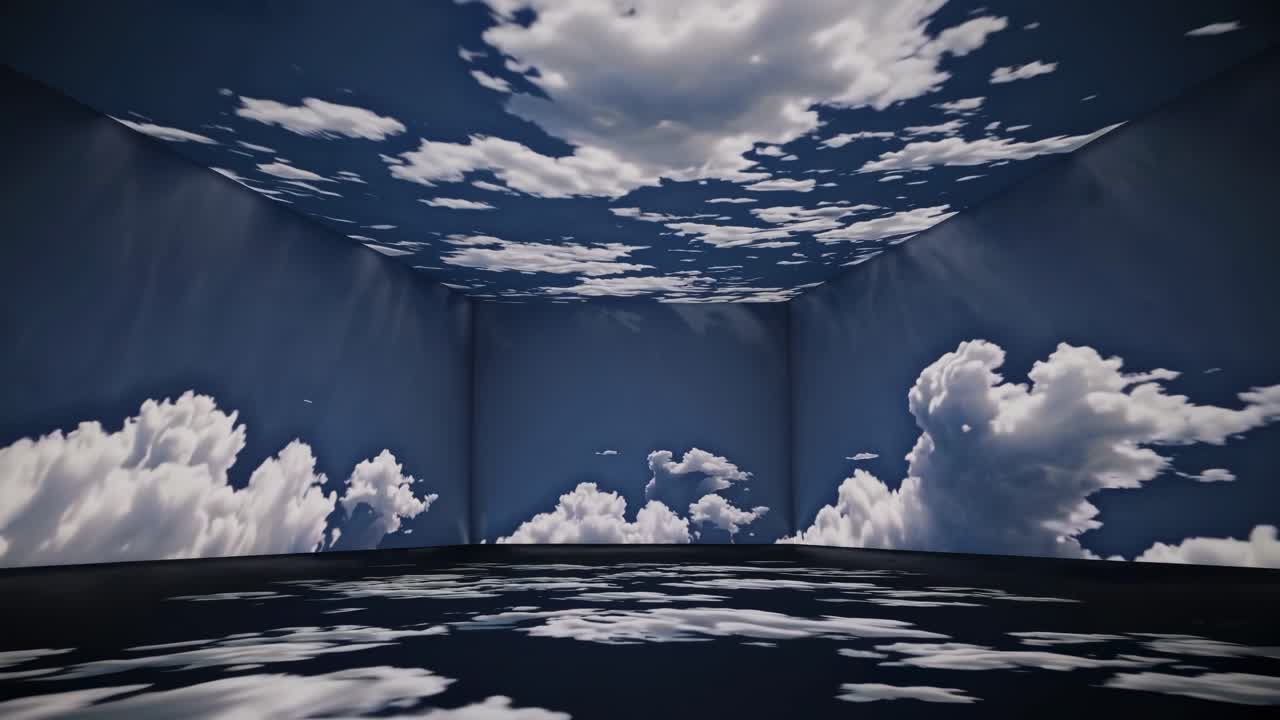 A video still of a room with walls and floor projecting a sky with clouds