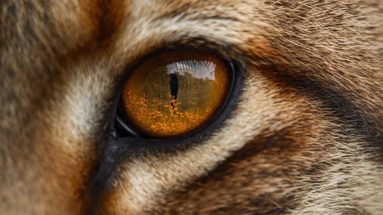 Enquadramento aproximado de um olho âmbar de gato malhado, com a câmera capturando o reflexo mutável do olho com sombra em um campo amarelo