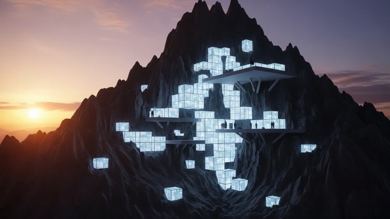 A Stunning Futuristic Mountain Structure Integrated with Geometric Ice-Colored Cubes, Set Against a Breathtaking Sunset Sky Reflecting Natural Beauty and Modern Design