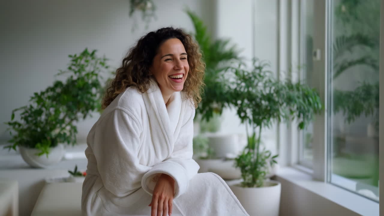 Woman in Bathrobe Laughing in a Bright, Plant-Filled Room