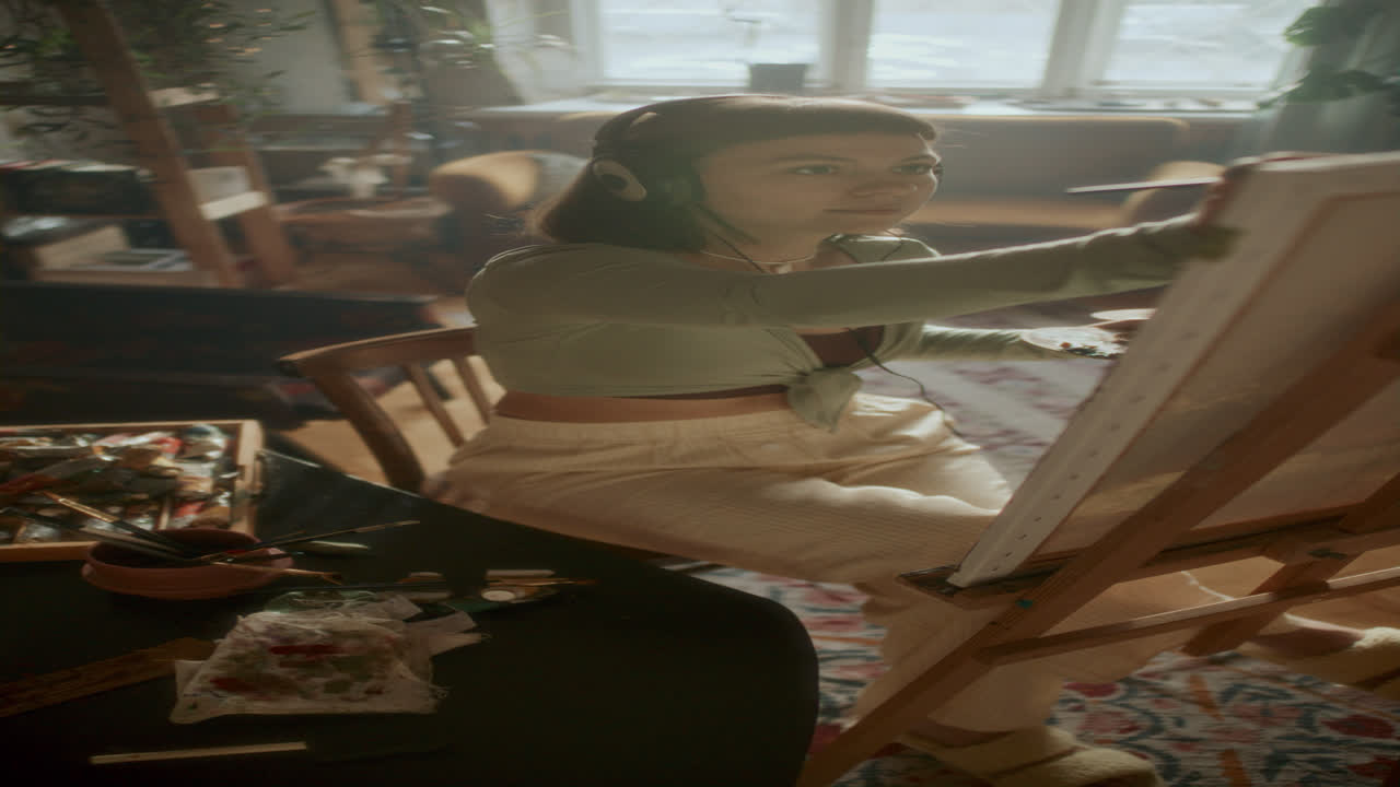 Giovane artista donna che ascolta musica mentre dipinge in uno studio illuminato dal sole