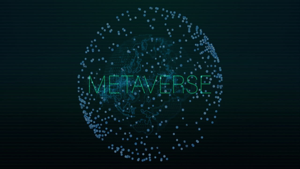 Animation of interference over metaverse text and globe of connections on black background