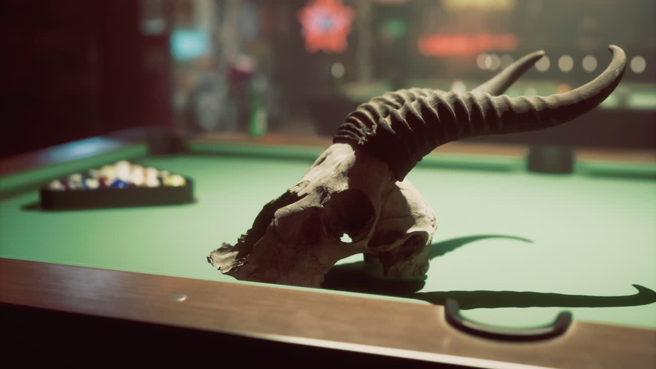 Decorative skull on a pool table in a dimly lit bar setting at night