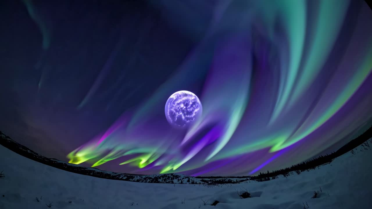 A mesmerizing video still of the aurora borealis over snowy terrain, captured from a low-angle