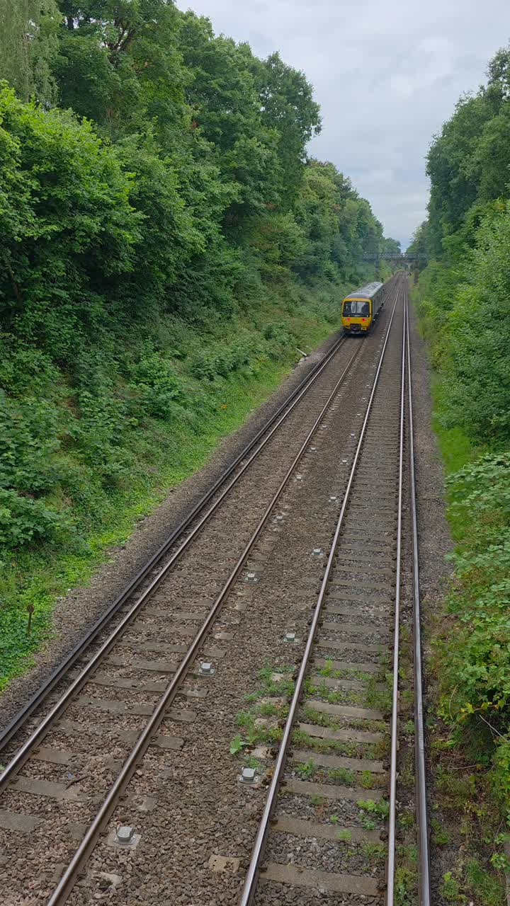 Passenger train moves slowly through tree-lined railway tracks on cloudy day