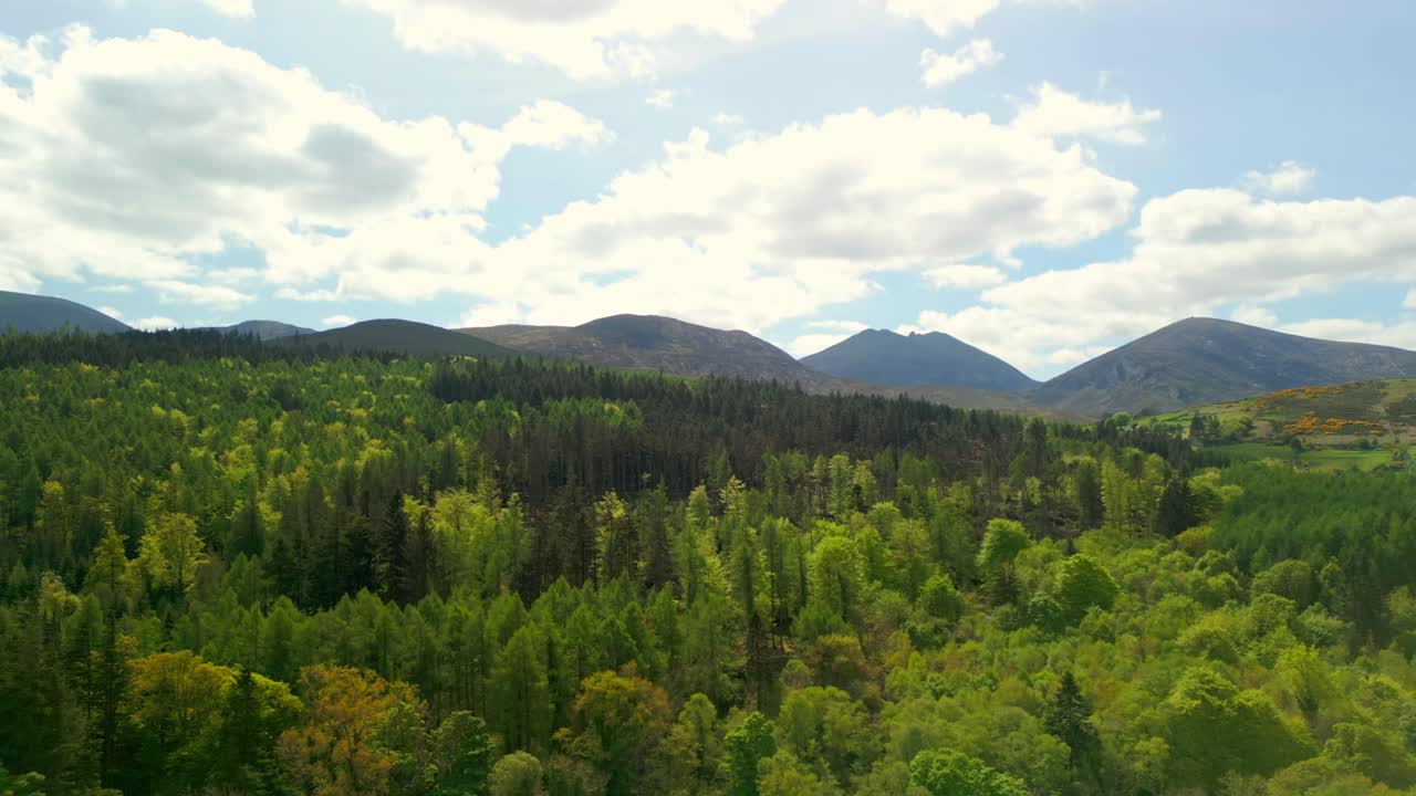 Ultra-wide aerial video of the Mourne Mountains and Slieve Donard in Newcastle, County Down in Northern Ireland, UK on a bright and sunny day. Filmed in 4K, 60fps and with Rec709 Color.