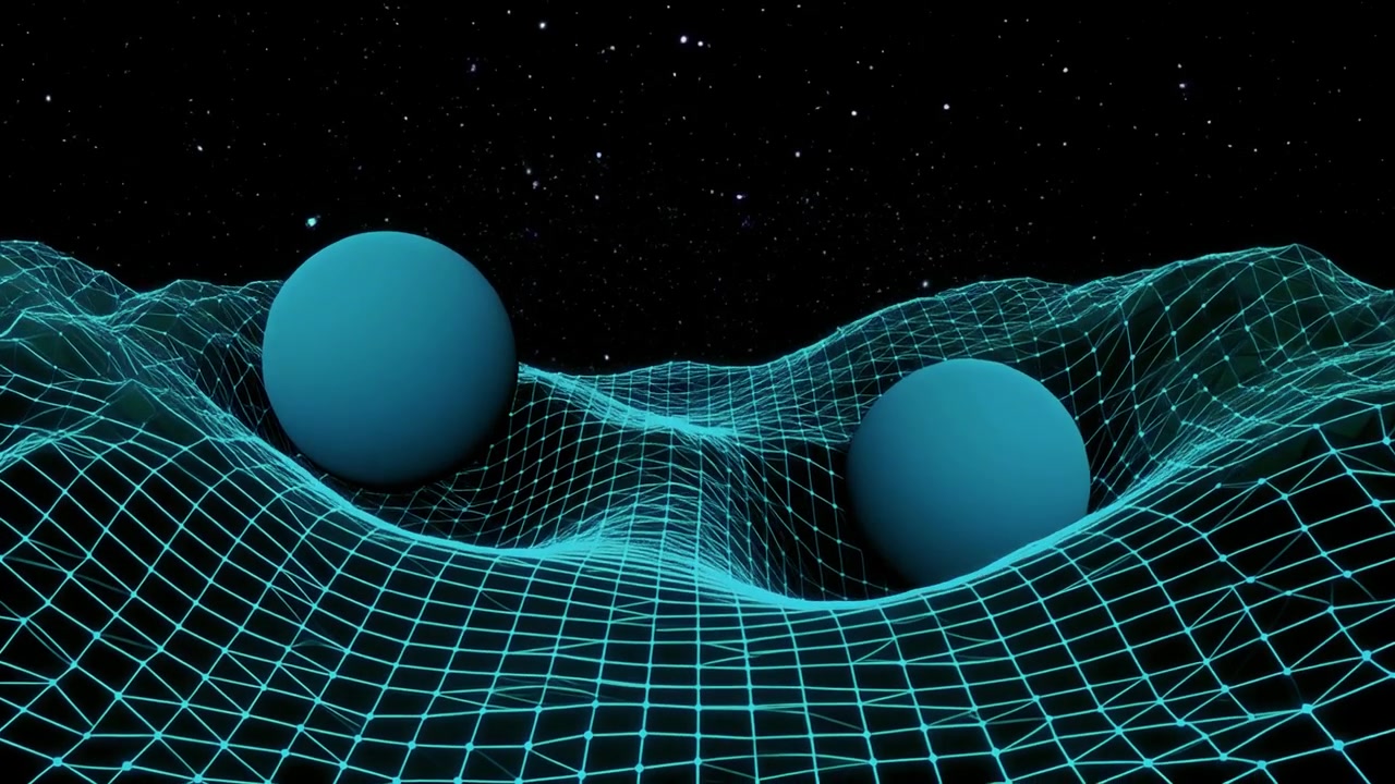 Two Blue Spheres Resting on a Glowing Digital Grid Surface