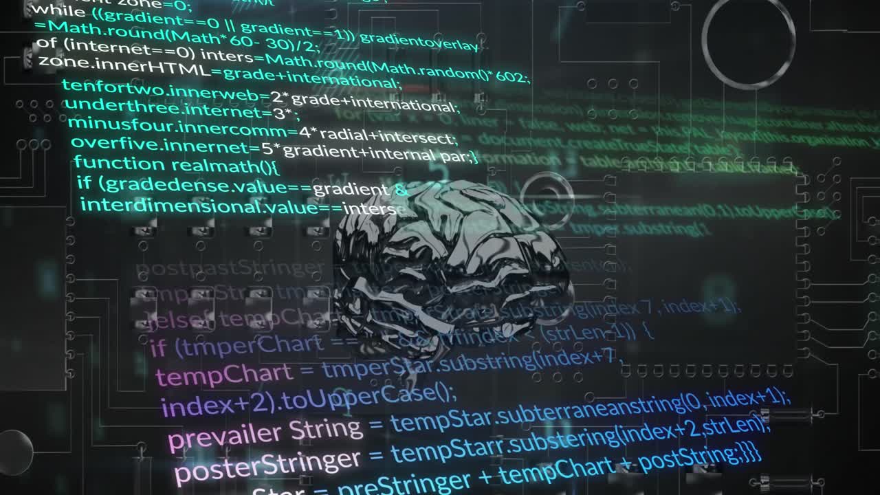 animación de texto, cerebro humano digital y lenguaje informático sobre la placa base en segundo plano