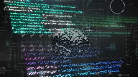 animación de texto, cerebro humano digital y lenguaje informático sobre la placa base en segundo plano