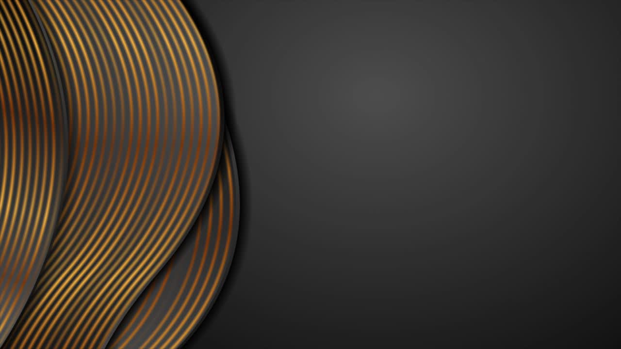 Black corporate wavy motion background with golden lines