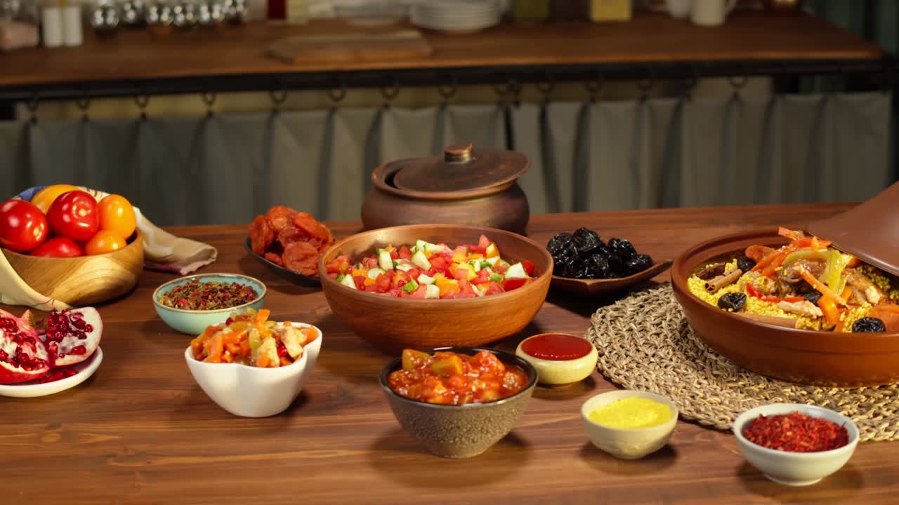 Marokkolainen keittiö. Tagine, perinteinen lammas- ja munakoisoruoka, kasvisalaatti. Lähi-idän kulttuuri. Kuskus lampaanlihan kanssa lähikuvassa, herkullinen riisi. Kotiruoka.