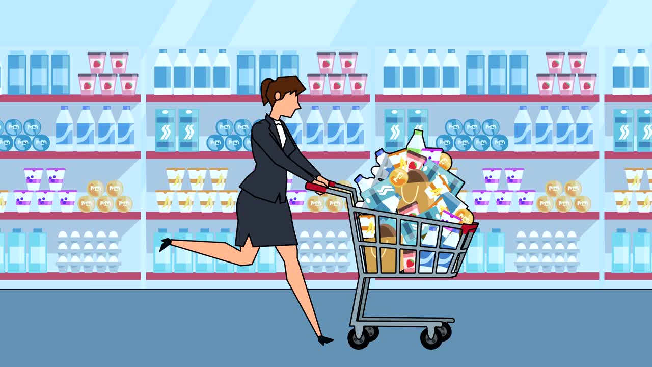 평평한 만화 사업가 캐릭터는 완전한 쇼핑 카트 애니메이션으로 실행됩니다.