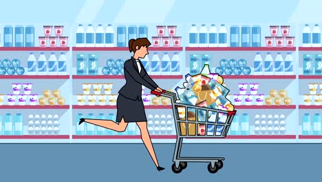 personaje de mujer de negocios de dibujos animados plano corre con animación completa del carrito de compras