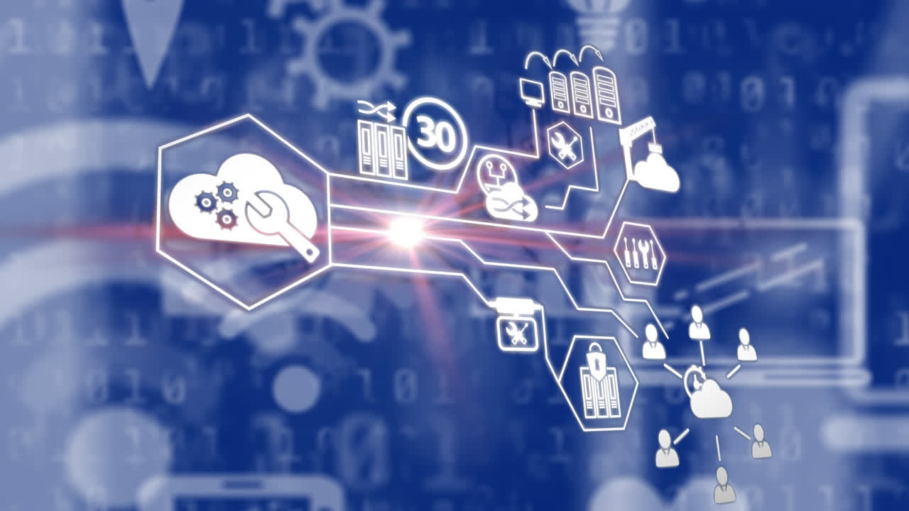 파란색 배경에 온라인 아이콘 및 디지털 클라우드 네트워크의 애니메이션