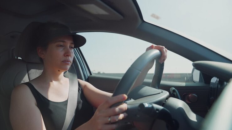 Giovane donna alla guida di un'auto ibrida moderna in autostrada in una giornata calda e soleggiata. Pendolarismo per lavoro o in viaggio o vacanza. Stanca e annoiata guarda la strada davanti a sé. POV dalla telecamera del cruscotto mentre guida.