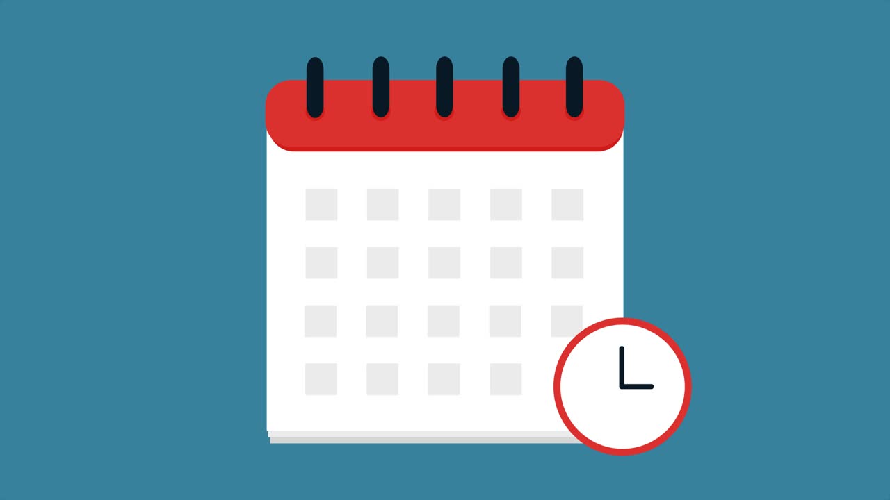 calendario de animación con icono de reloj en fondo azul. horario, cita, concepto de fecha importante. animación gráfica de movimiento de video 4k