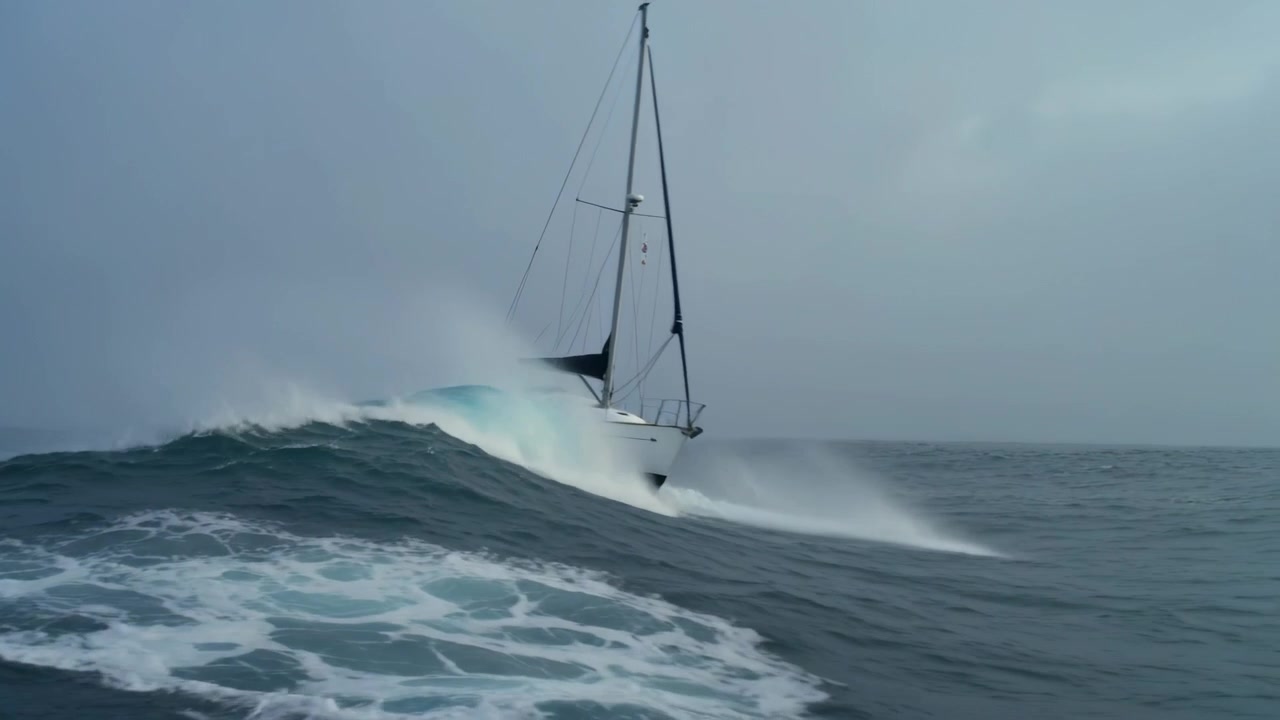 Di fronte a un'onda crescente a dritta al largo, yacht che beccheggia, albero che si inclina, equipaggio che si regge con abbigliamento antipioggia.