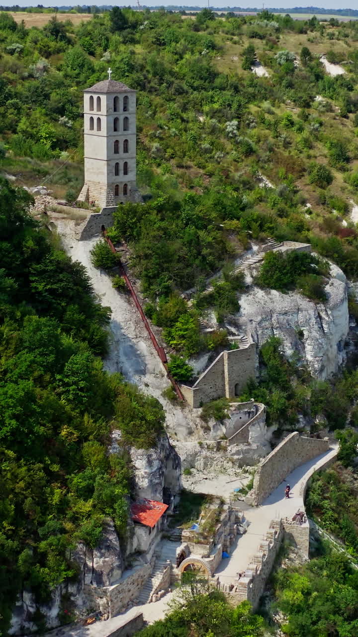 Aerial view of orthodox monasteries. Aerial view of historical orthodox monasteries on the top of cliffs. Vertical video