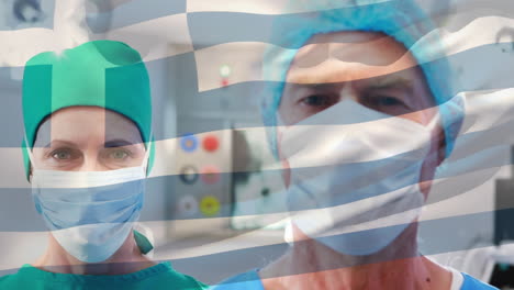 animation of flag of greece waving over surgeons in operating theatre