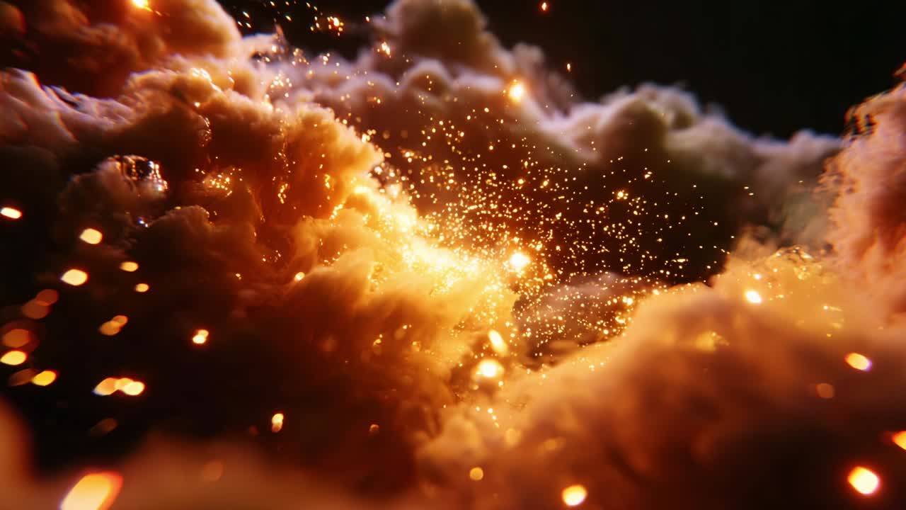 A Stunning Visual of Illuminated Clouds and Sparkling Particles Captured in a Dreamlike Environment, Showcasing the Dynamic Movement and Radiance of Nature's Ethereal Beauty in Motion