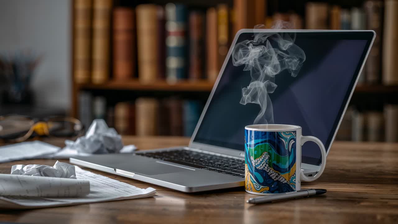Producing steam from hot beverage, ceramic mug sitting on desk with laptop, papers, steam thinning