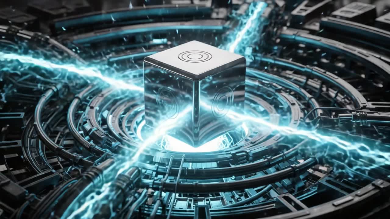 A Dynamic Display of Energy and Innovation: A Mesmerizing Cube Surrounded by Pulsing Electric Streams in a High-Tech Circular Framework
