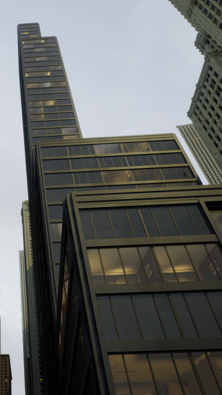 Skyscrapers rising high under the evening sky in a bustling city landscape