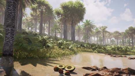 playa de arena de isla exótica con palmeras, frutas y rocas en arena húmeda, entorno natural, animación 3d fotorrealista