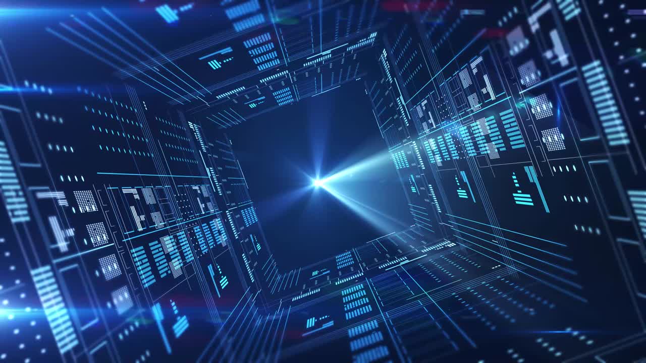 Flying through blue tech cyber security tunnel