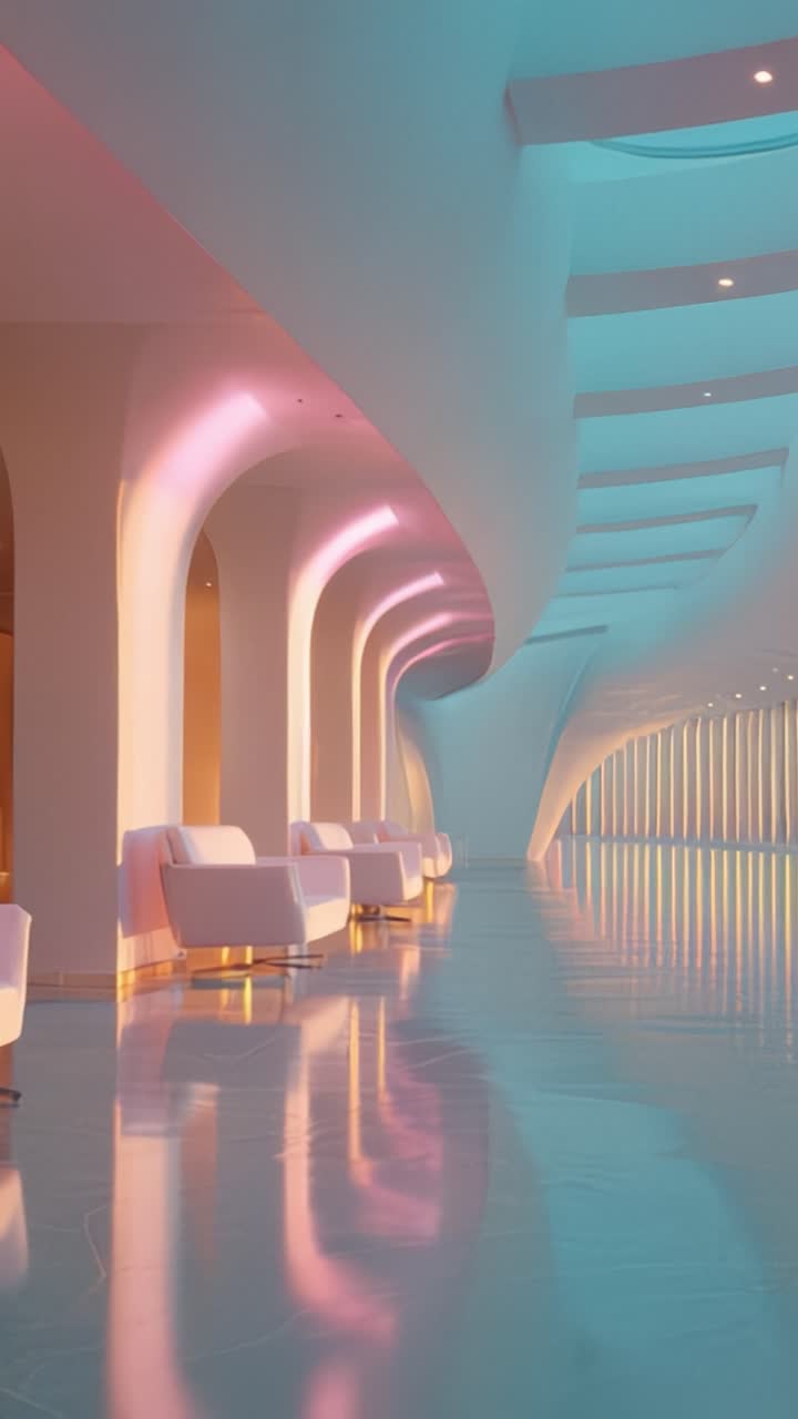 Futuristisk indretning med elegant buet arkitektur, blød belysning, moderne møbler og en fredfyldt atmosfære i et rummeligt galleri-lignende miljø.
