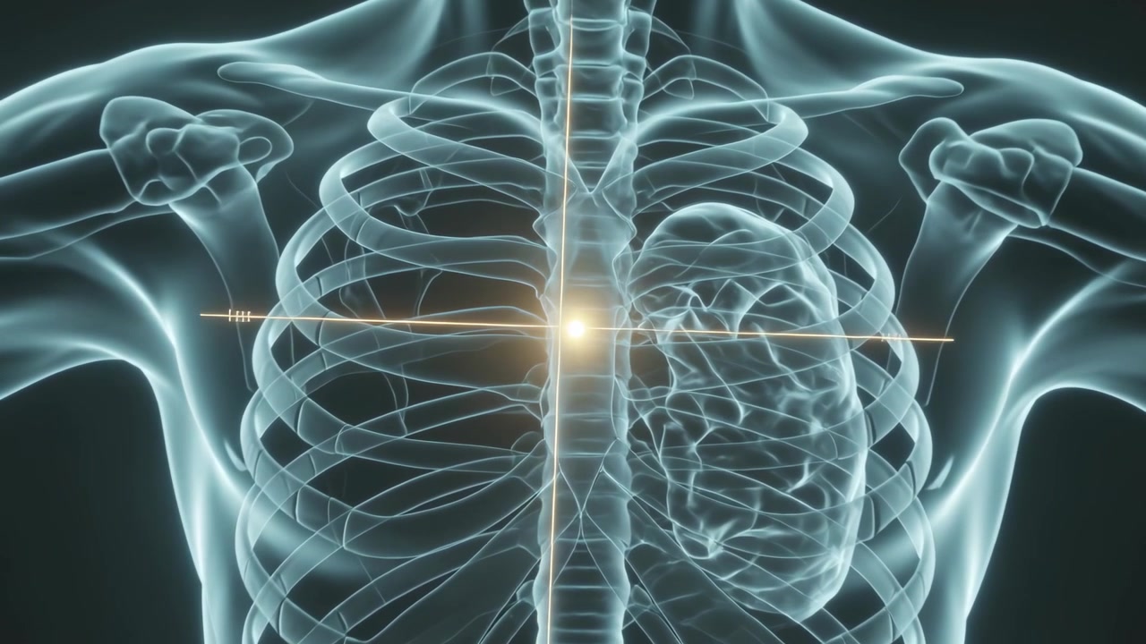 Bagliore che parte dallo sterno, creando anelli incrociati sul busto che convergono al centro, in un rendering medico sulle costole.