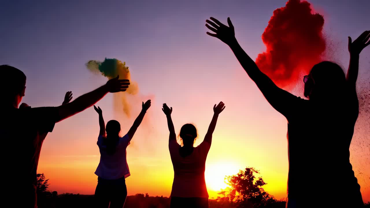 silueta de personas celebrando el atardecer con polvo colorido