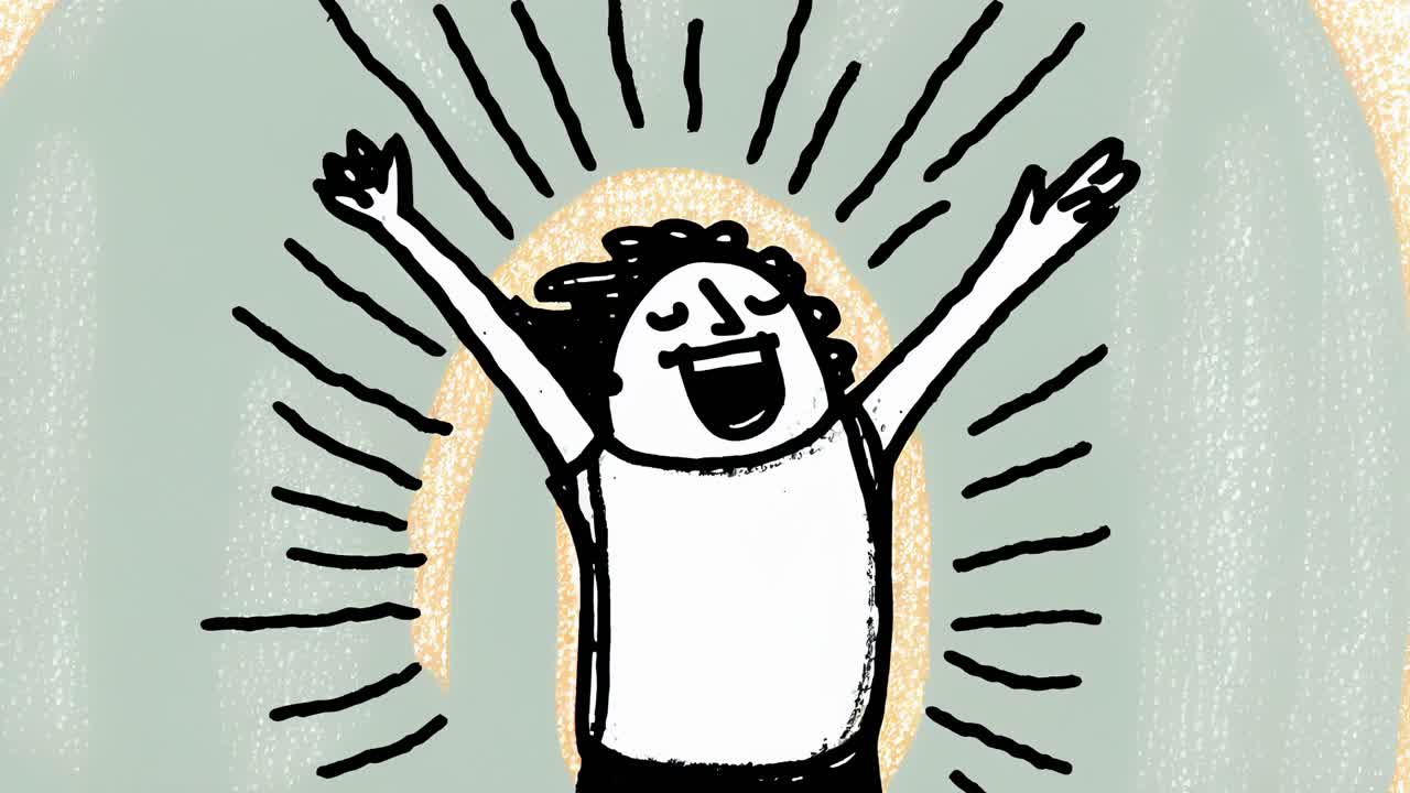 animación de dibujos animados de un hombre feliz sonriendo y poniendo sus manos en el aire